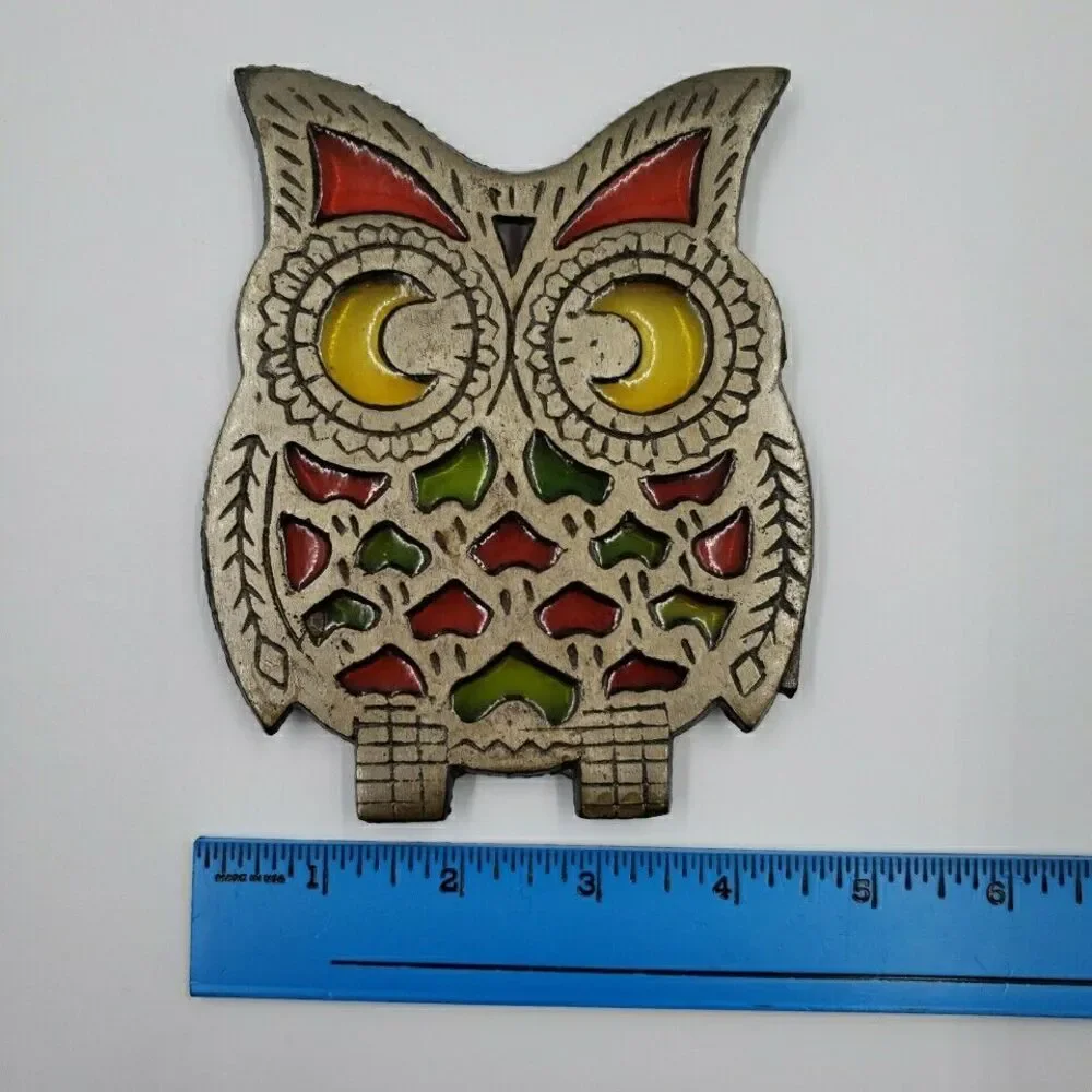 Vtg OWL Trivet Cast Metal Stained Glass Hot Plate Kitchen Kitsch Pot Rest Taiwan